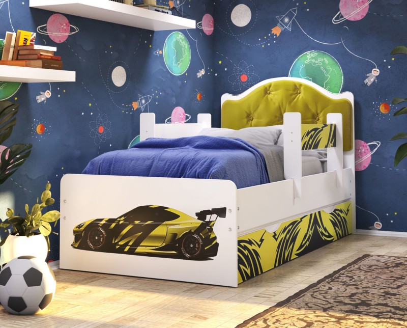 Кровать Каспер 2 с мягкой спинкой и бортиками Авто Б
