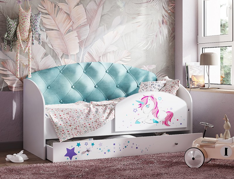 Детская кровать с бортиком Звездочка  Единорожка (фиолетовая)