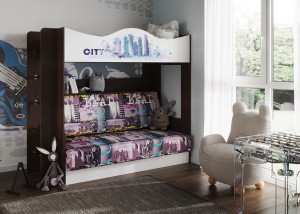 Кровать двухъярусная с диваном Сити (дуб млечный)