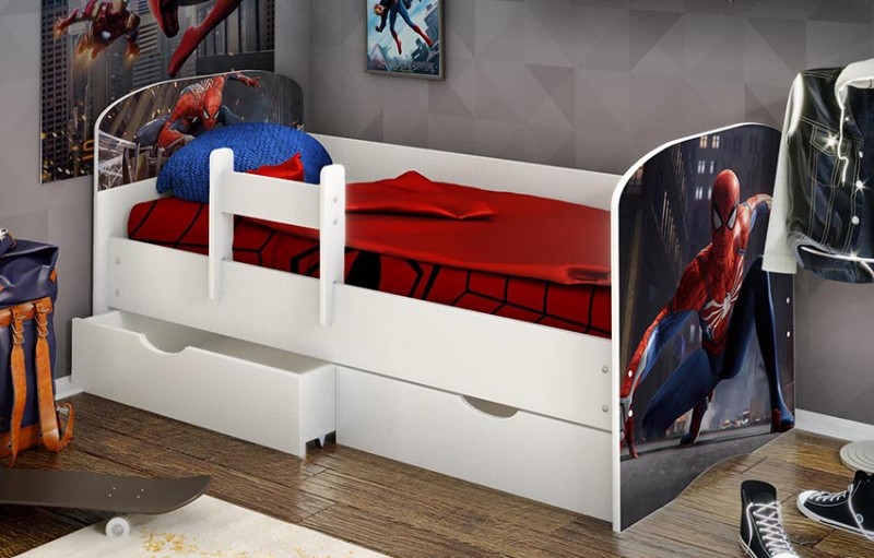 Детская кровать с бортиком Человек Паук 2 (2 ящика/белое ЛДСП)