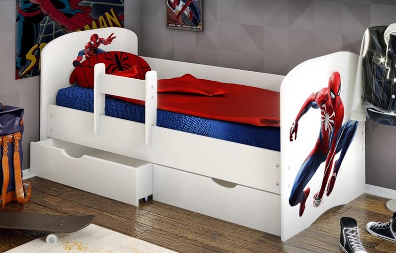 Детская кровать с бортиком Человек Паук 1 (2 ящика/белое ЛДСП)