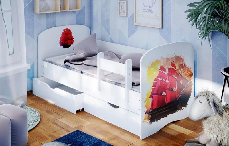Детская кровать с бортиком Алые паруса (2 ящика/белое ЛДСП)
